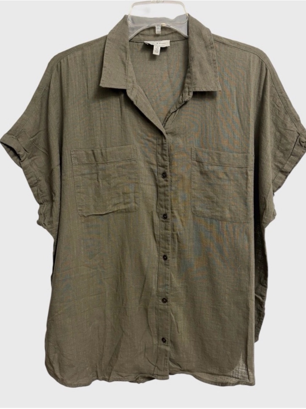 Lucky Brand Olive Green Button Down Shirt Women's Size L Short Sleeve Pockets